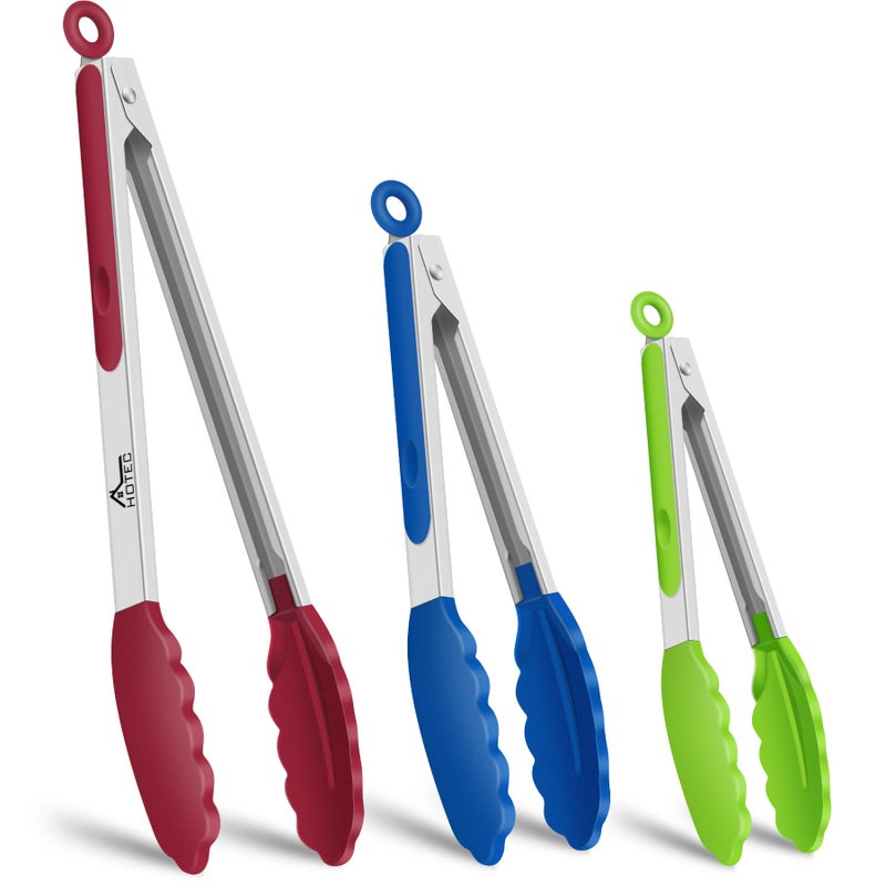Hotec Premium Stainless Steel Locking Kitchen Tongs with Silicon Tips, Set of 3-7", 9" and 12" multicolor - Image 1